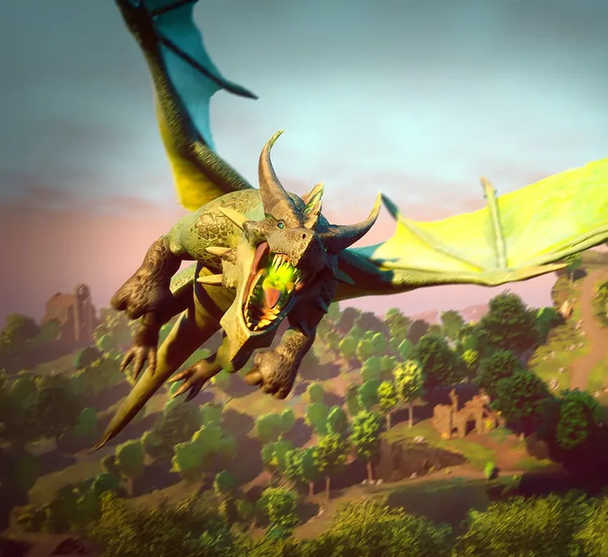 A dragon flying above Ashenfall’s wooded landscape in Dragonwilds