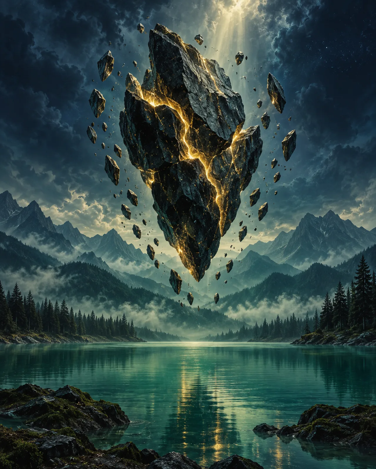 Original fantasy illustration of a floating stone monument over a jade lake